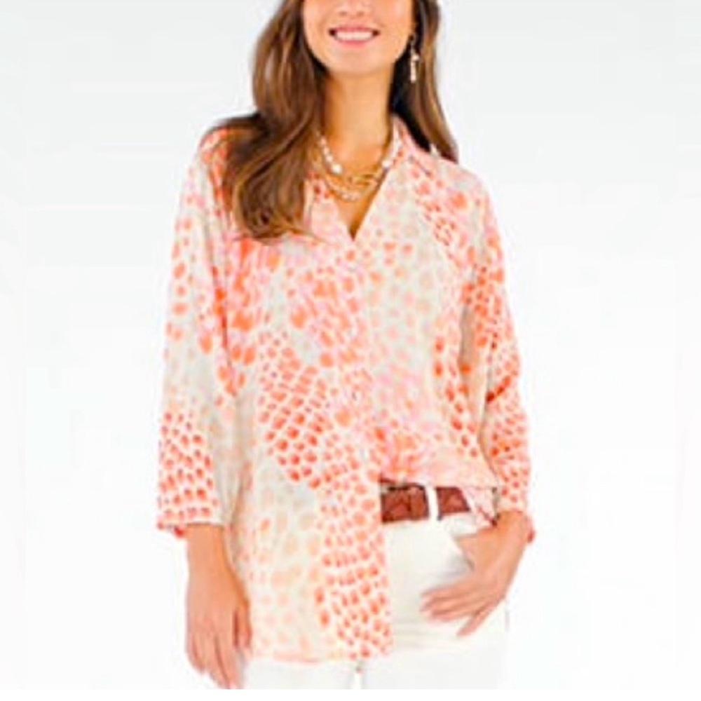 CAbi Coral and Cream Button Down Shirt